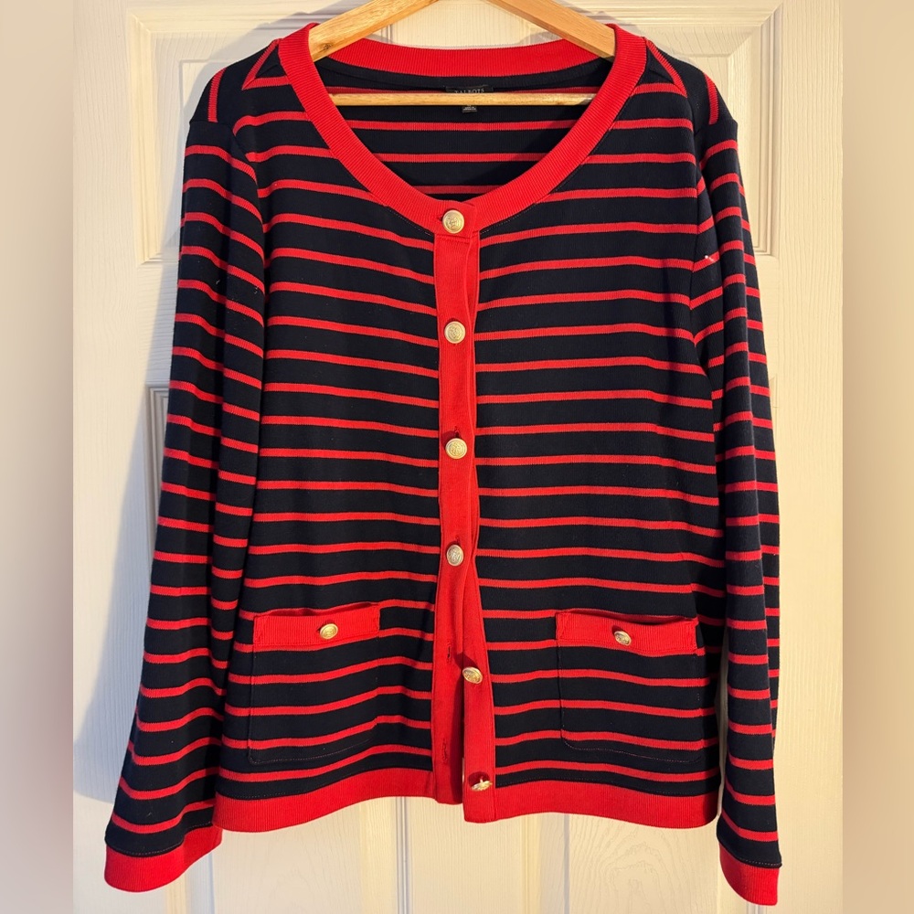 Talbots Navy and Red Striped Cardigan Sweater